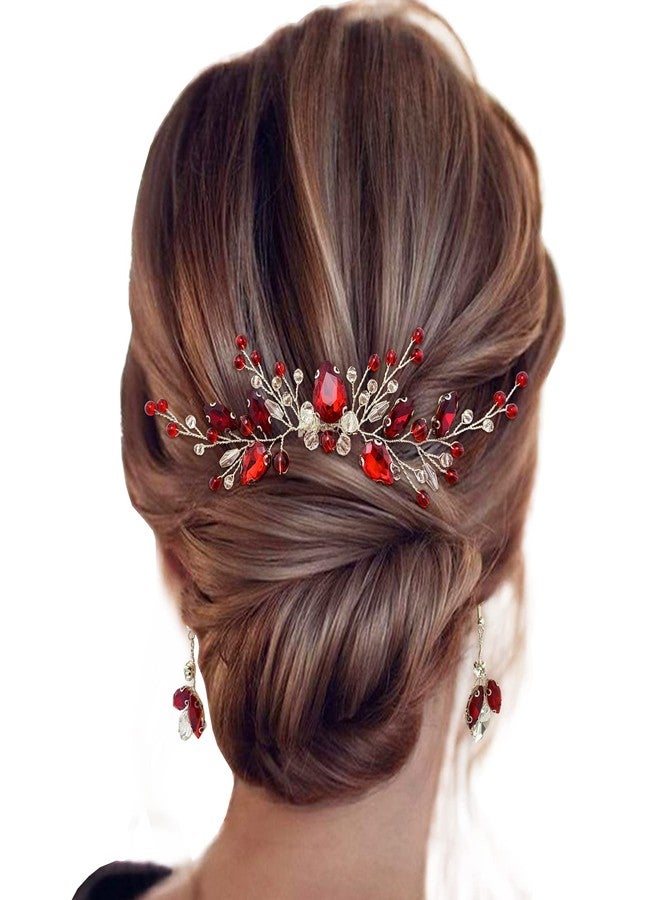 BETITETO Bridal Crystal Hair Comb and Earrings Set Elegant Bride Wedding Hair Piece Accessories for Women Prom Party Photography (Wine Red) - Image 1